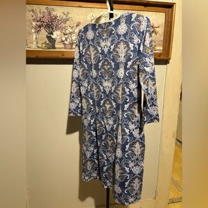 J. McLaughlin Blue and Cream Paisley Long-Sleeve Midi Dress